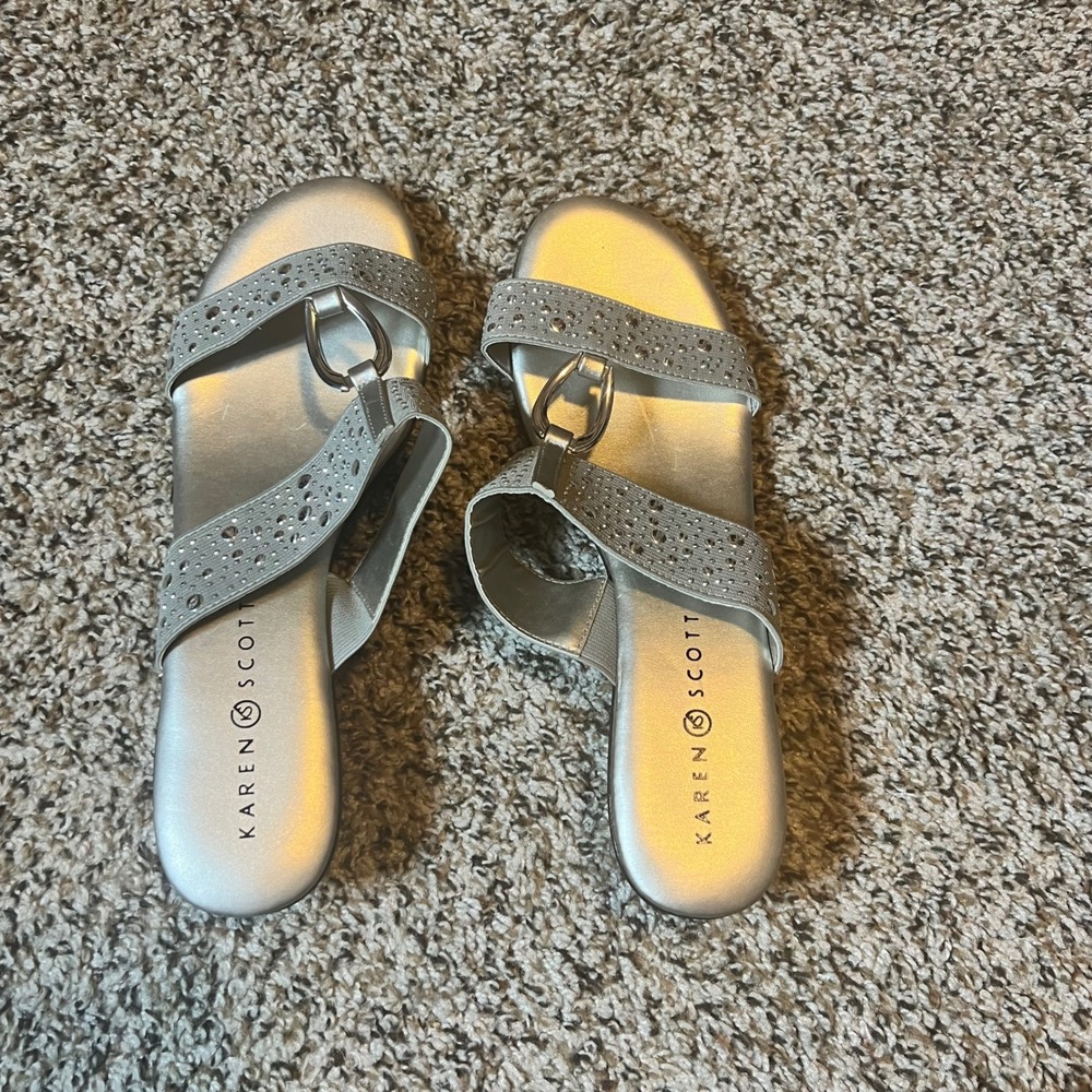 Karen Scott Silver Rhinestone Sandals Slides Heeled Open Toe Women's 8
